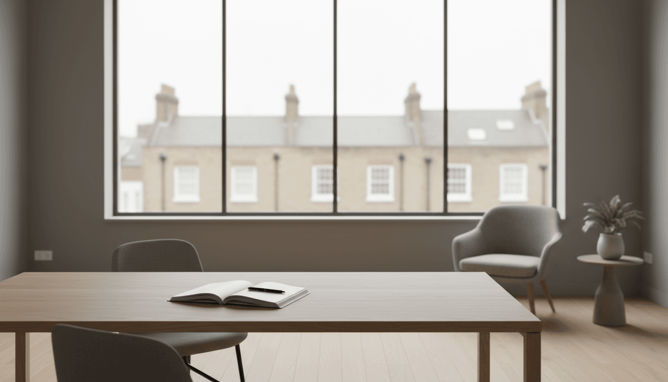 Minimal office desk in London with notebook and pen near a window