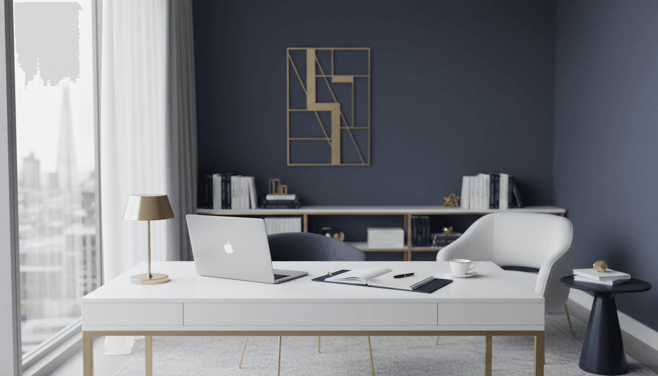 Minimalist London consultancy workspace with laptop and notebook