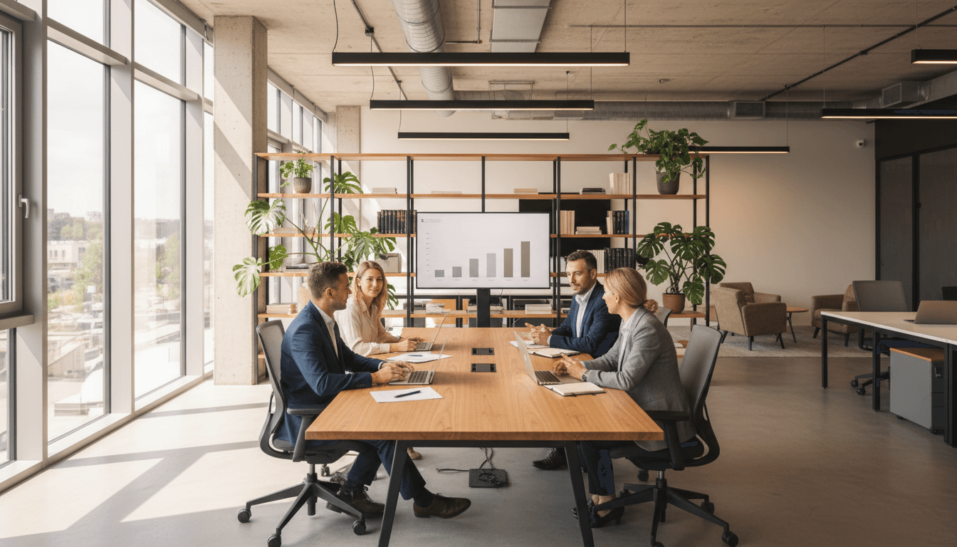 Modern meeting room in a London consultancy office with a neat table and natural light